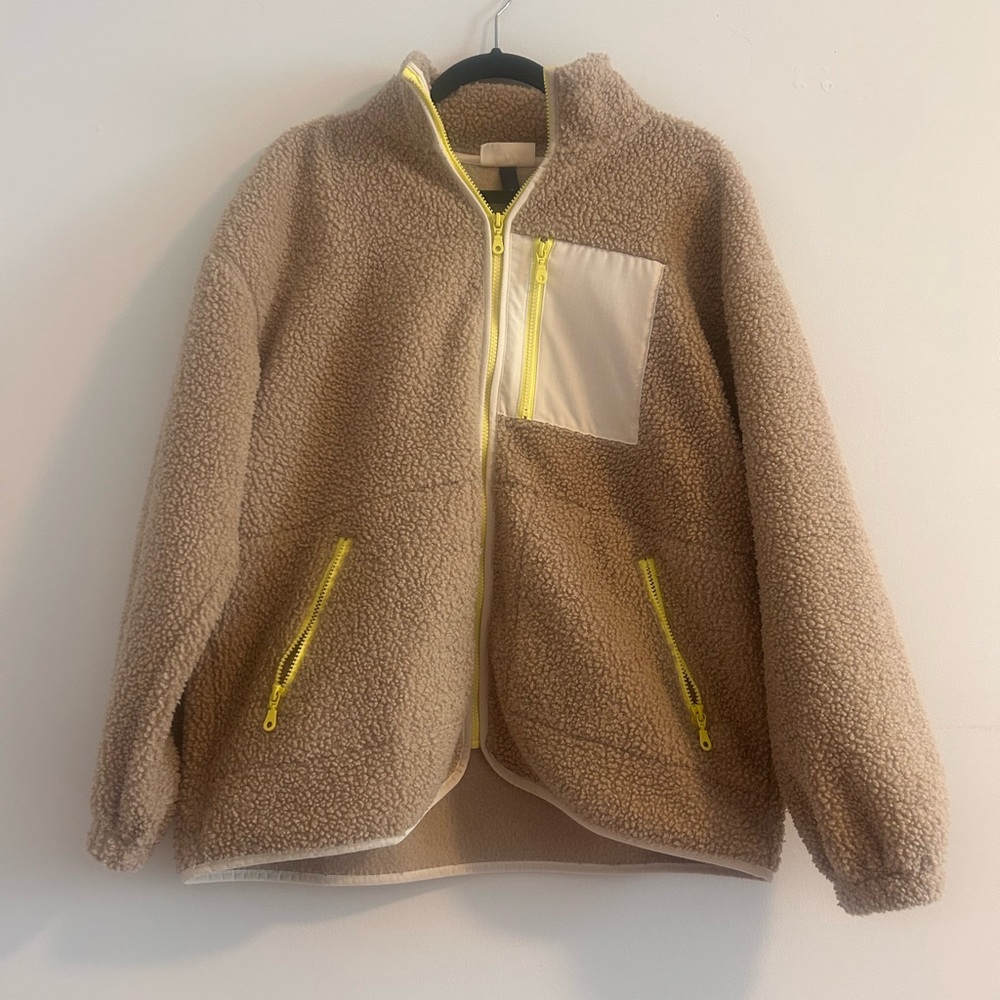 Beige Sherpa Fleece Jacket with Neon Yellow Trim